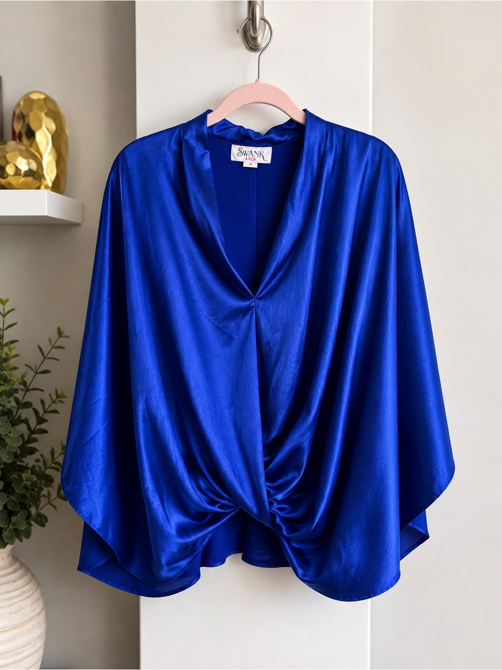 SWANK A Posh Royal cobalt Satin Blouse Medium Draped Dolman Sleeve Twist front